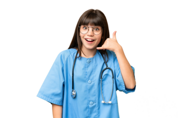 Little girl as a surgeon doctor over isolated chroma key background making phone gesture. Call me back sign