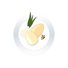 illustrazione con piatto e uova, verdure e grani di pepe su sfondo trasparente