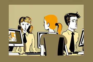 Flat vector young people in the office, computers, team working, communication, character design concept