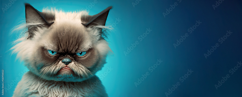 Wall mural angry, disgruntled cat on a blue background, created with generative ai technology. copy space.