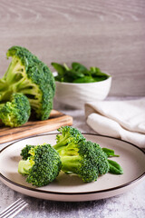 Fresh broccoli divided into inflorescences on a plate on the table. Vegetable diet. Vertical view
