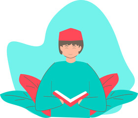 Fototapeta premium a man wearing a red shirt and green sarong was sitting reading the holy qur'an until he cried 