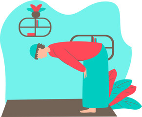 Obraz premium a man wearing a red shirt and a green sarong is praying in his house 