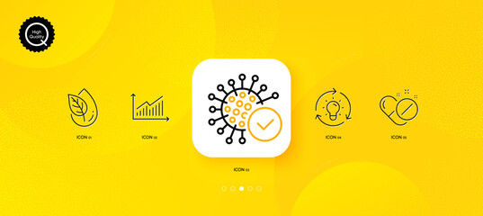 Fototapeta na wymiar Medical pills, Coronavirus and Organic product minimal line icons. Yellow abstract background. Idea, Graph icons. For web, application, printing. Drugs, Confirmed infection, Leaf. Lightbulb. Vector