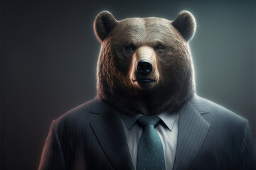 A portrait of a grizzly bear dressed in a suit like trader dark color background, finance stock bear market concept, generative ai