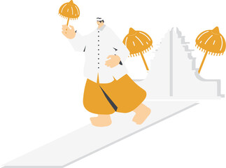 a fat man wearing white and yellow clothes finished worshiping in Hinduism and carrying a yellow umbrella
