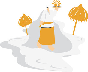 a fat woman wearing yellow and white clothes is doing worship in Hinduism and carrying incense and other worship equipment
