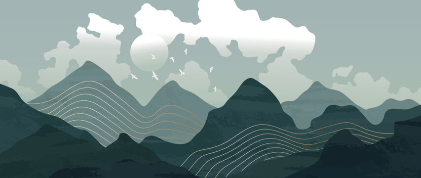 Abstract mountains and gold vector line art background. Watercolor with gold, green landscape, mountains, birds over hills with clouds and sun. Artistic wall design for home decor, wallpapers, prints.