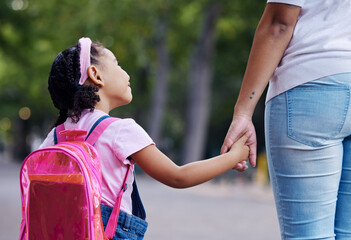 Back, mother and girl holding hands, school and education for learning, bonding or talking. Knowledge, mama or daughter walking, conversation or support for child development, kindergarten and care