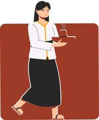 a woman with long black hair wearing black and white worship clothes was walking carrying incense equipment for praying
