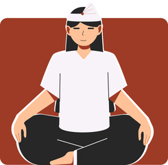 a woman with long black hair wearing black and white worship clothes is sitting praying
