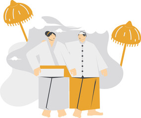 a fat couple wearing white and yellow clothes doing Hindu worship with yellow umbrellas
