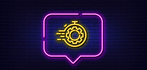 Neon light speech bubble. Seo timer line icon. Settings cogwheel sign. Traffic management symbol. Neon light background. Seo timer glow line. Brick wall banner. Vector