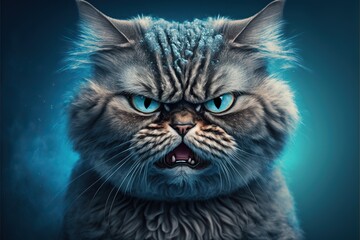 Furious cat with open mouth and sharp teeth on a blue background, created with Generative AI technology. Copy space. Close-up.