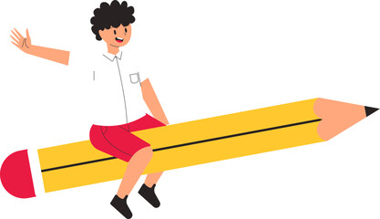 a boy with curly black hair wearing a red and white school uniform is sitting on a large yellow pencil
