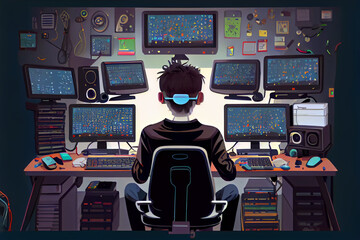 Sleek and Stealthy: Male Hacker Sitting in High-Tech Cockpit Surrounded by Nerd Culture and Technology
