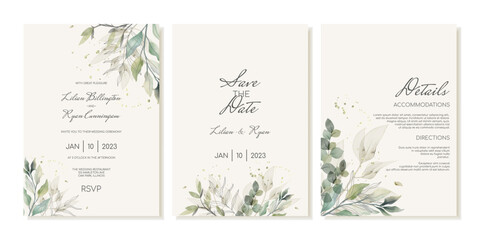 Fototapeta na wymiar Rustic wedding invitation template set with green leaves, eucalyptus and branches. Invitation cards, details in watercolour modern style.