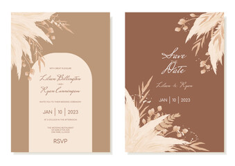 Boho wedding invitation template set with dried flowers and pampas in brown shades. Invitation cards in a watercolour modern style. Vector