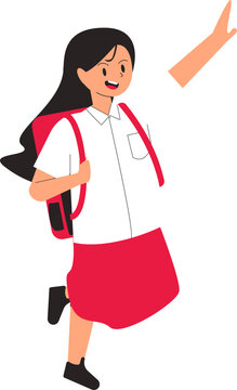 a girl has long black hair wearing a red and white school uniform running carrying a red bag
