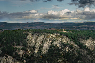 Landscape view of an old church on top of the mountains. Ribeira Sacra, Ourense, Spain.