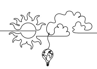 Abstract sun with globe light bulb as line drawing on white background. Vector