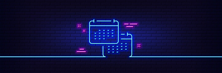 Neon light glow effect. Calendar line icon. Annual planner sign. Change event schedule symbol. 3d line neon glow icon. Brick wall banner. Calendar outline. Vector