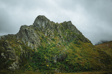 Beautiful landscape with mountains during a moody autumn day, on the Lofoten Islands