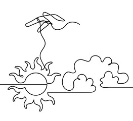 Abstract sun with hand as line drawing on white background. Vector