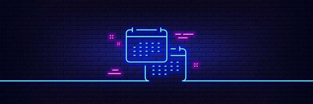 Neon light glow effect. Calendar line icon. Annual planner sign. Change event schedule symbol. 3d line neon glow icon. Brick wall banner. Calendar outline. Vector