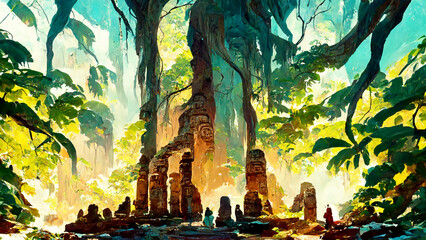 Fototapeta premium forest Mayan style ancient culture illustration art Generative AI Content by Midjourney