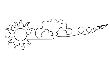 Abstract sun with paper plane as line drawing on white background. Vector