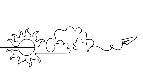 Abstract sun with paper plane as line drawing on white background. Vector