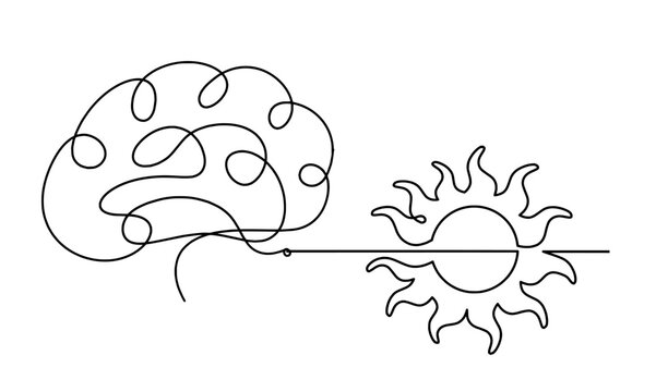 Abstract sun with brain as line drawing on white background. Vector