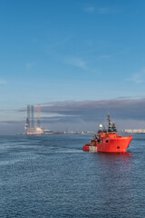 Security oil wind vessel outside Esbjerg harbor in Denmark