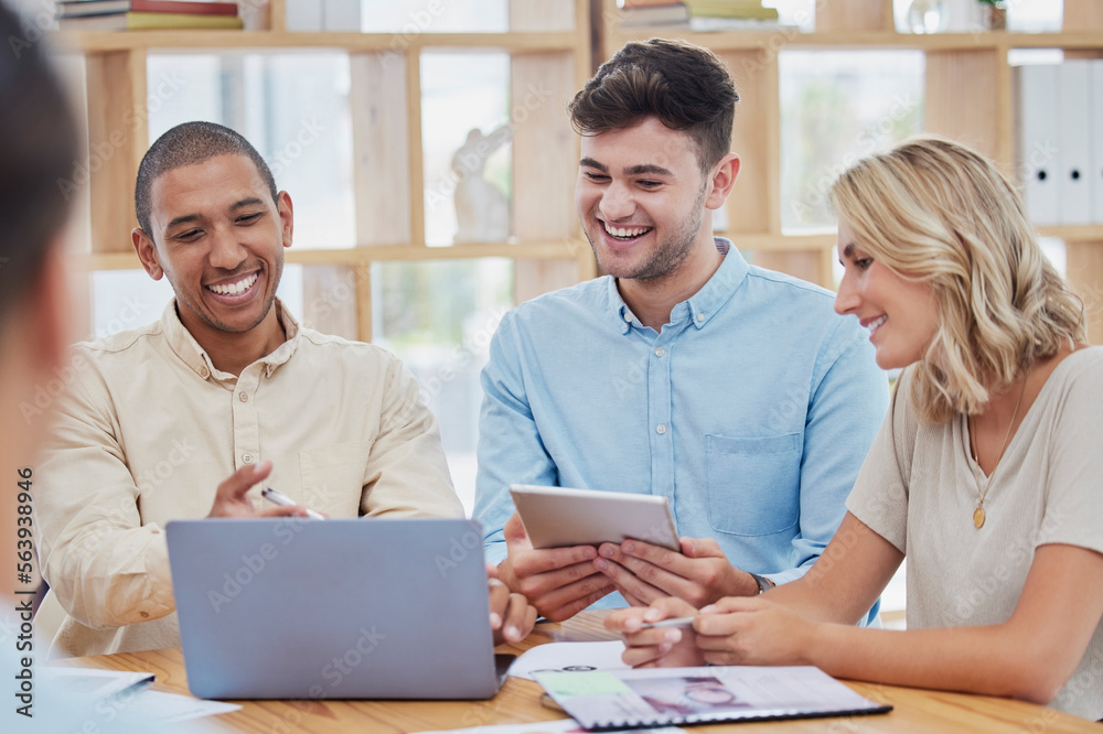 Poster search, analytics or business people on laptop for internet research, social media content or networ