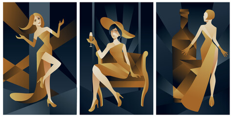 art deco illustrations of bottle of wine and fashion ladies	