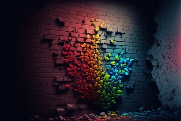 Background with colorful graffiti on brick wall. Wallpaper, background. Created by generative AI technology.