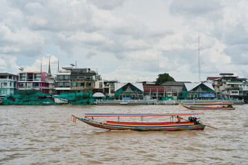 View of boats on Chao Phraya River. Bangkok, Thailand