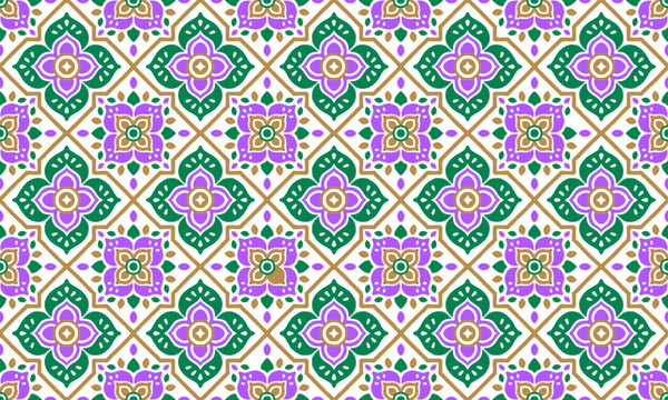 Ethnic Abstract Background cute Green Purple Gold Flower geometric tribal folk Motif Arabic oriental native pattern traditional design carpet wallpaper clothing fabric wrapping print batik folk vector