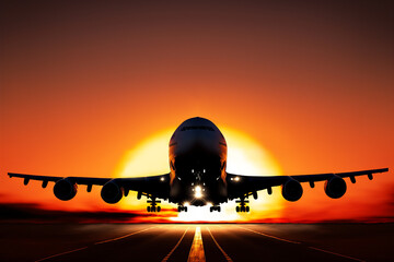 Fototapeta na wymiar Airplane landing during beautiful sunrise in airport. 3D illustration.