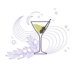Alcoholic cocktail - martini with olive branch and stars in the background. Illustration on transparent background