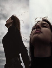 a teenage girl stands alone in nature in the evening under the wind and breathes fresh air thinking...