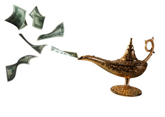 Banknotes exits from magic aladdin genie lamp