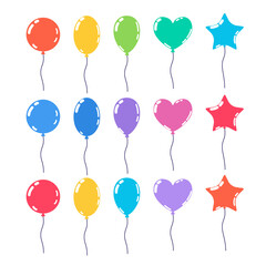 Collection of multi-colored balloons of different shapes. Flat Illustration on transparent background