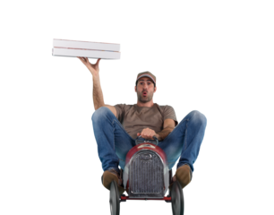 Deliveryman runs fast with a toy car to deliver pizza