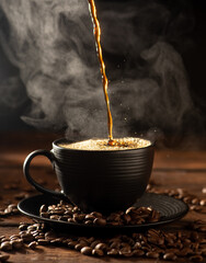 Coffee hot and Black Cup, pouring coffee into a black cup on rustic wood, dark food style photo,...