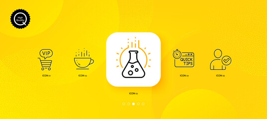 Coffee cup, Identity confirmed and Vip shopping minimal line icons. Yellow abstract background. Chemistry lab, Quick tips icons. For web, application, printing. Vector