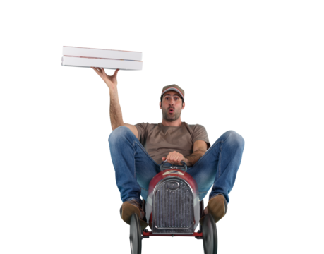 Deliveryman runs fast with a toy car to deliver pizza - Powered by Adobe