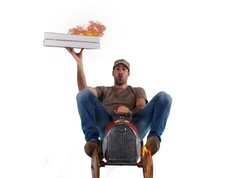 Deliveryman runs fast with a toy car to deliver pizza
