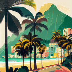 sunset on the beach, Illustration minimalist , rio Janeiro, Brazil, mountain, city buildings 